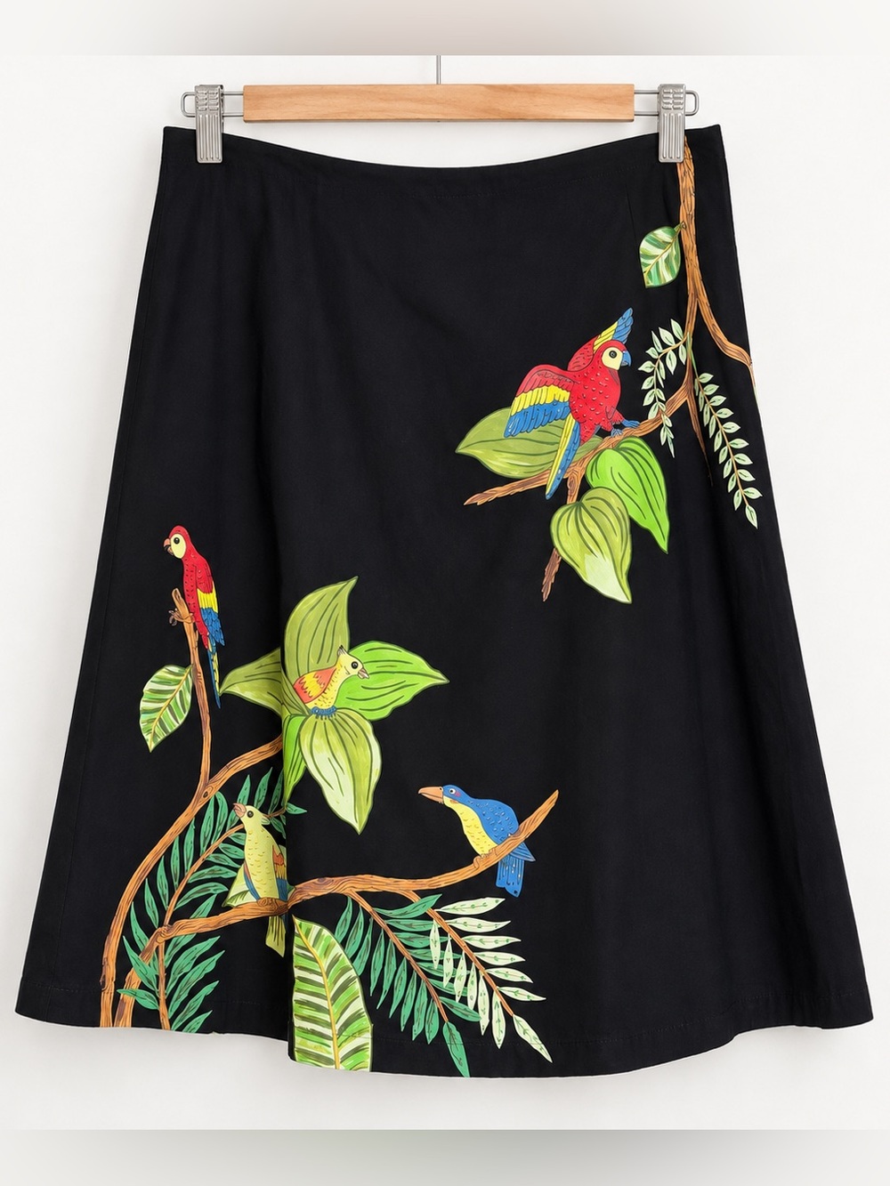 USINDO Women’s M Black Tropical Parrot Beaded Art to Wear A-Line Midi Skirt